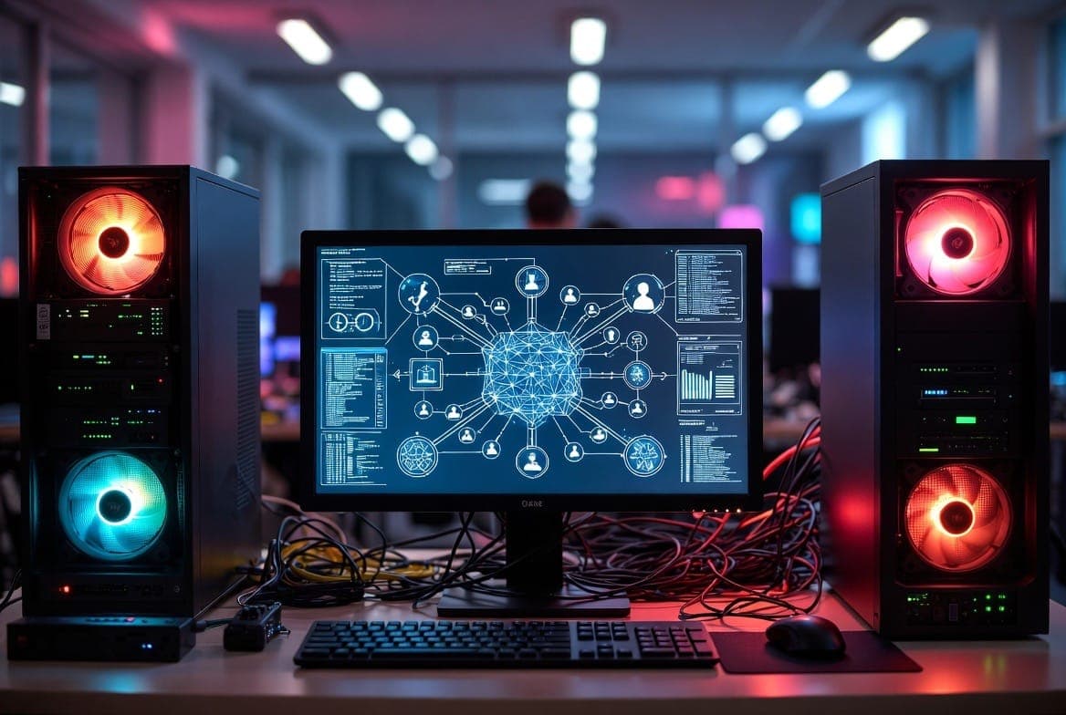 This image captures a vibrant, high-tech workstation, likely in a server room or a gaming setup, with two powerful computer towers flanking a central monitor. The towers feature glowing red and blue fans, adding a dynamic and futuristic feel to the scene. The monitor displays a complex network diagram with various icons and data, suggesting a focus on data analysis, cybersecurity, or advanced computing.
