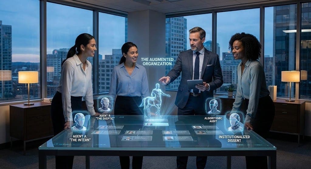 In a modern office setting with a city view, four professionals gather around a futuristic transparent table displaying holographic projections. The central projection reads 'THE AUGMENTED ORGANIZATION' and features a centaur-like figure, while other holograms show robot heads labeled 'AGENT A: 'THE INTERN'', 'AGENT B: 'THE SKEPTIC'', 'ALGORITHMIC AUDIT', and 'INSTITUTIONALIZED DISSENT.' The group appears engaged and collaborative, suggesting a discussion about advanced organizational structures and AI integration.